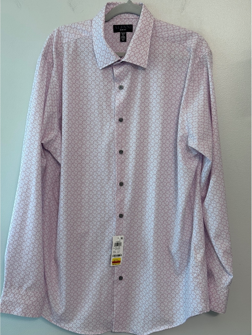 Alfani Slim Fit White Mauve Patterned Dress Shirt 17-17 1/2 Neck 36-37 Sleeve